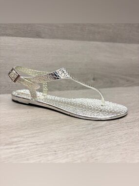 Steve Madden T Strap Sandals Silver Metallic Snake Print Ankle Strap Sandal 9M